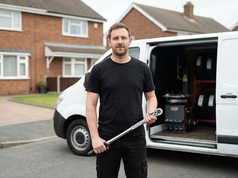 Dean Shaw, fitter, holding a torque wrench beside the fitting van