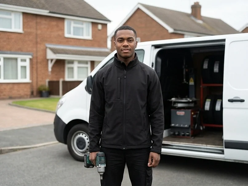 Kyle Brennan, fitter, holding an impact wrench beside the van