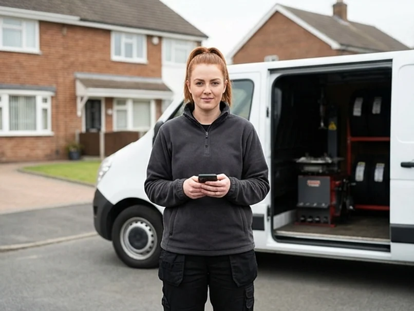 Gemma Lowe from bookings, holding a phone beside the van