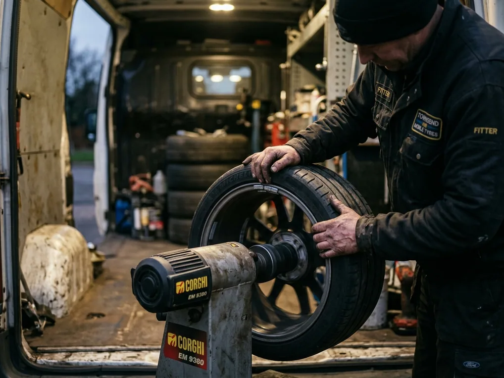 Inside the van, a tyre on the fitting machine