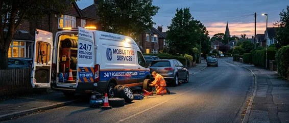 The van fitting a tyre at the roadside at dusk