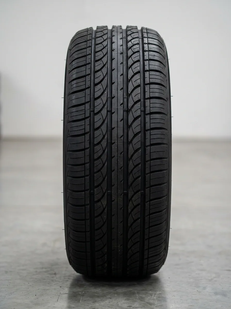 A new tyre standing upright in the studio, tread facing the camera